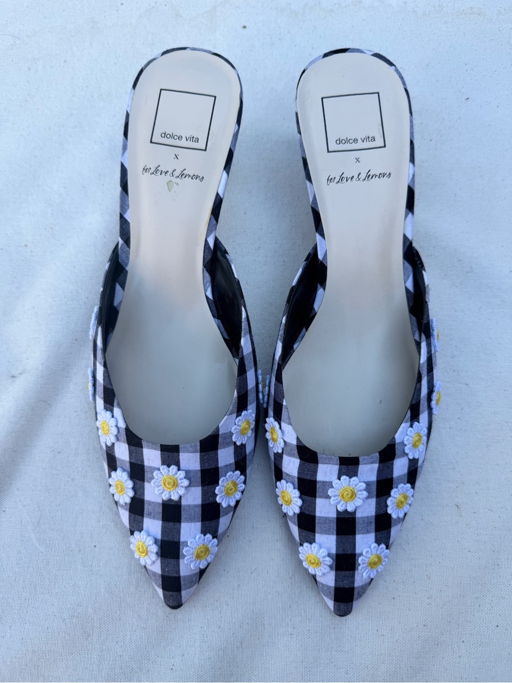 Dolce Vita Black X Love & Lemons White Gingham Daisy Pointed Toe kitten heels